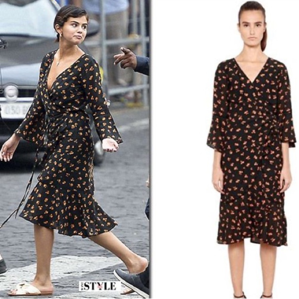 GANNI black orange floral Beacon cotton wrap midi bell sleeve dress size 6